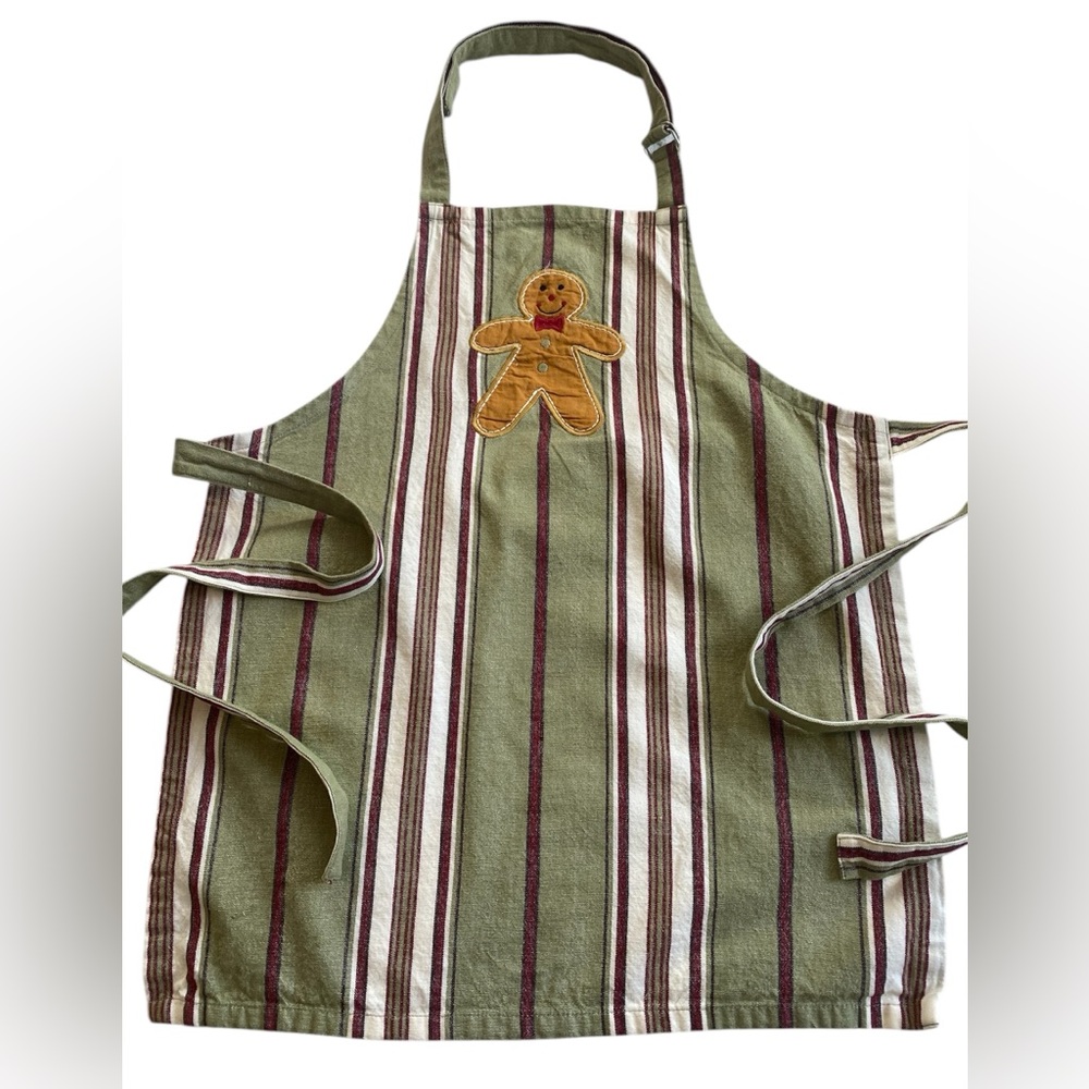 Child’s Festive Gingerbread Man Holiday Apron, Green, Red Stripe 100% cotton